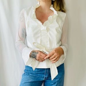 00s vintage white sheer sleeve ruffle blouse